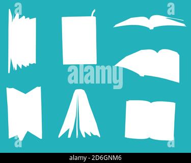 different kinds of books and notebook with white papers as white vector objects isolated in same blue background Stock Photo
