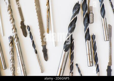 Power and cordless drills and tools heads set and kit on the white background Stock Photo