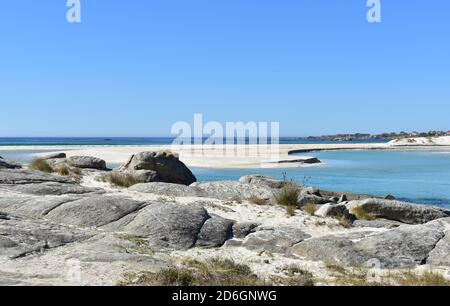 Famous Carnota Beach or Playa de Carnota, the largest galician beach at famous Rias Baixas region. Coruña Province, Galicia, Spain. Stock Photo