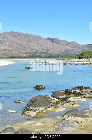 Famous Carnota Beach or Playa de Carnota, the largest galician beach at famous Rias Baixas region. Coruña Province, Galicia, Spain. Stock Photo