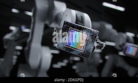 Industrial Concept: Close-up shot of Robotic Arm Holding New Generation Futuristic Processor Ready for Serial Production in Computer Manufacturing. 3D Stock Photo