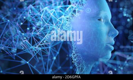 Artificial Intelligence Concept: Fractal Female Face Forming From Abstract Information Fractals. Dark Blue and Violet Colors. Stock Photo