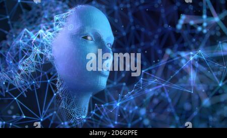 Artificial Intelligence Concept: Fractal Female Face Forming From Abstract Information Fractals. Dark Blue and Violet Colors. Stock Photo