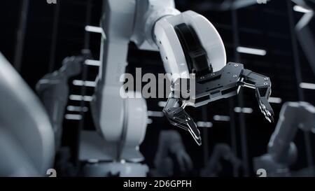 Industrial Concept: Close-up of New Generation AI  Robotic Arm Ready for Work on a Production Line. Computer Manufacturing. Dark Black Colors. Stock Photo