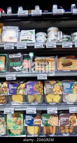 Vegetarian dishes, vegan imitations meats in a Swedish supermarket fridge Stock Photo