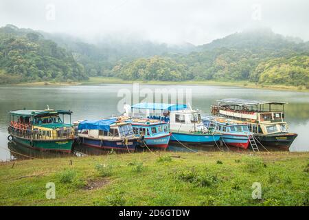 Thekkady boating in forest lake. boat safari in river Munnar Idukki Thekkadi Kerala India. major Indian wildlife tourist . Kerala tourism Stock Photo