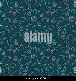 Vector dark blue garden tea party seamless pattern, dark blue and pastel tea party seamless pattern background. Chalkboard style doodle line art. Stock Vector