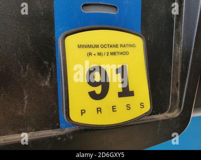 Close-up of octane rating of 91 octane for Premium gasoline on a fuel ...