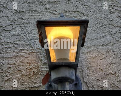 Close-up of high wattage, energy efficient LED lightbulb installed in outdoor fixture, San Ramon, California, August 30, 2020. () Stock Photo