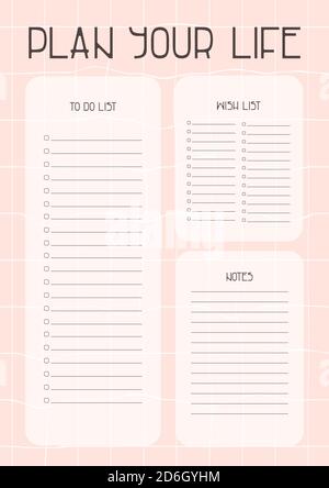 Pink white Plan you life page with Wish list, Notes and To do list templates Stock Vector