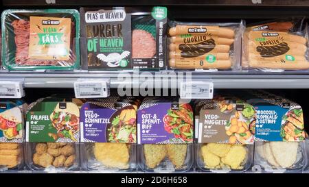 Vegetarian dishes, vegan imitations meats in a Swedish supermarket fridge Stock Photo