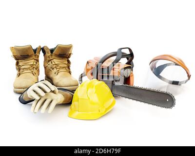 Studio shot of log cutter accessories and tools shot over white background Stock Photo