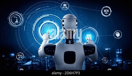 AI humanoid robot touching virtual hologram screen showing concept of AI brain and artificial intelligence thinking by machine learning process. 3D Stock Photo