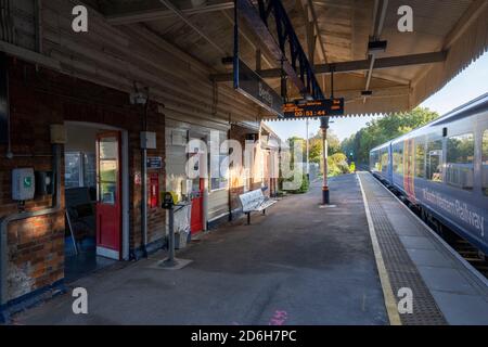 Bentley Railway Station (Alton to Waterloo line) Bentley, Hampshire, view of station platform and waiting South Western Railway class 450 train. Stock Photo