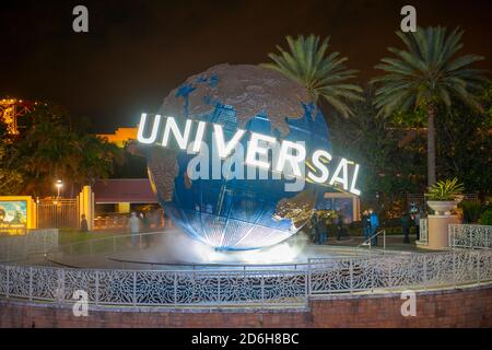 Universal Globe at night at the entrance to Universal Studios Park in Orlando, Florida, USA. Stock Photo