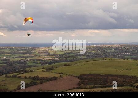 Paraglider over the Clwydian Range, North Wales Stock Photo