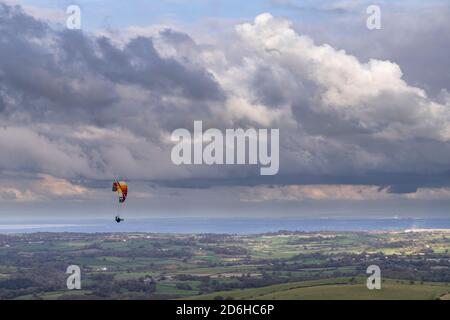 Paraglider over the Clwydian Range, North Wales Stock Photo