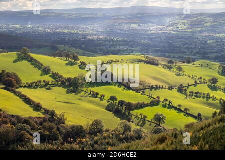 Farm and fields in the Clwyduian Range, North Wales Stock Photo