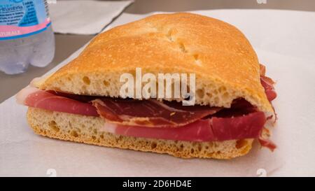 Perugia - August 2019: traditional sadwich with culatello and cheese Stock Photo