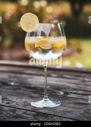 Glass of Gin and Tonic with pieces of lemon on a wooden table Stock Photo