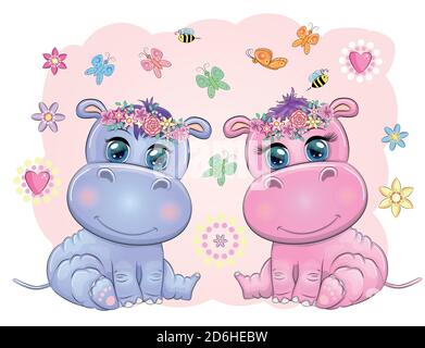 Two Cute cartoon hippo with beautiful eyes among flowers, hearts, a boy and a girl. baby shower invitation Stock Vector