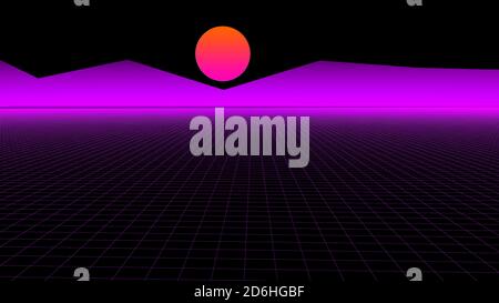 80s and 90s Retro Sci-Fi Background with Sunlight 3D rendering futuristic synth retro wave illustration in 1980, 1990s posters style. Stock Photo