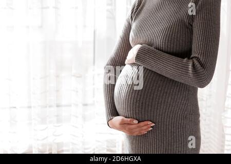 Pretty young pregnant woman standing by the window in home. Stock Photo