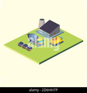 construction dump truck concrete mixer and factory isometric style icon design of remodeling working and repairing theme Vector illustration Stock Vector