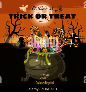 Hello Halloween Cauldron full of Candies and sweets. Autumn october holiday dark cemetery tradition celebration banner poster template party. Vector Stock Vector