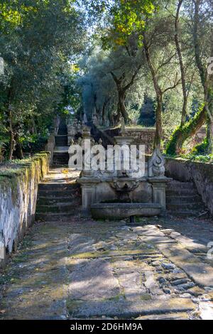 Baroque style fountain from Tibães Monastery aka Mosteiro de Tibães in Portugal Stock Photo