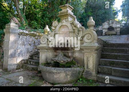 Baroque style fountain from Tibães Monastery aka Mosteiro de Tibães in Portugal Stock Photo