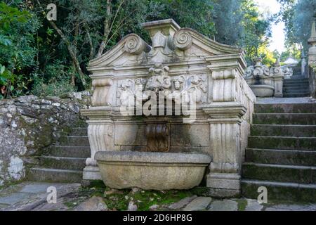 Baroque style fountain from Tibães Monastery aka Mosteiro de Tibães in Portugal Stock Photo