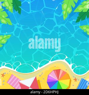 Beach striped umbrellas by the sea, top view vector illustration. Summer holiday, travel and vacation concept. Frame with place for text. Stock Vector