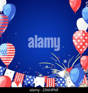 4 of July USA Independence Day. Abstract holiday frame with place for text. Vector background with fireworks, flags and air balloons. Stock Vector
