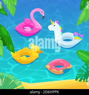 Sea beach with colorful floats in water, vector illustration. Kids inflatable toys flamingo, duck, donut, unicorn. Summer holiday background. Stock Vector