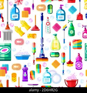 Cleaning tools seamless vector pattern. House cleaning and housework service. Print or package modern flat design. Stock Vector