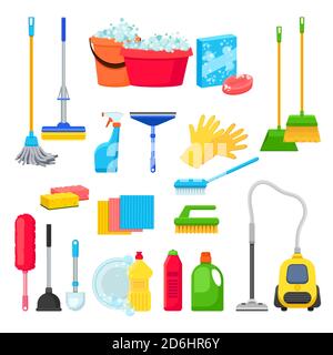 Cleansers and detergent in bottles, house cleaning tools and supplies for housework. Vector isolated objects and design elements. Stock Vector