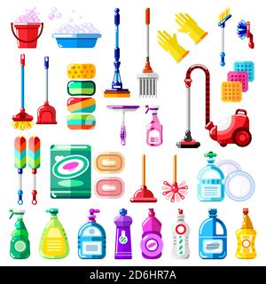 Household cleaning tools, detergent and supplies. Vector illustration of multicolor mop, vacuum cleaner, brush, sponge, broom. House cleaning and hous Stock Vector