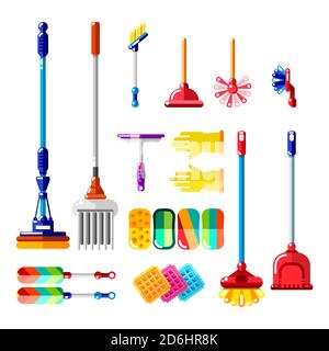 Household cleaning tools and supplies. Vector illustration of multicolor mop, brush, sponge, broom. House cleaning and housework design elements. Stock Vector