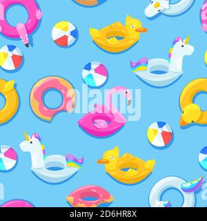 Seamless pool pattern. Unicorn, flamingo, duck, ball, donut cute floats in blue water. Vector illustration. Fashion summer textile print design. Stock Vector