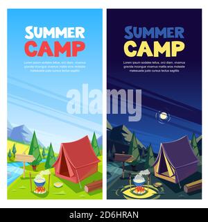 Summer camping vector banner, poster design template. Adventures, travel and eco tourism concept. Touristic camp tent at day and night. Nature landsca Stock Vector