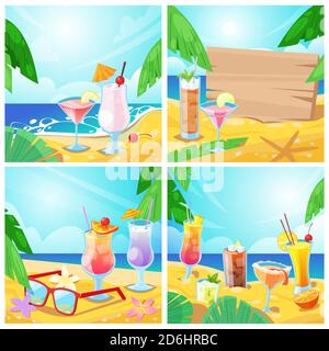 Vector tropical cocktails and beach bar concept. Set of summer illustration and backgrounds. Alcohol beverages and wooden board with place for text on Stock Vector