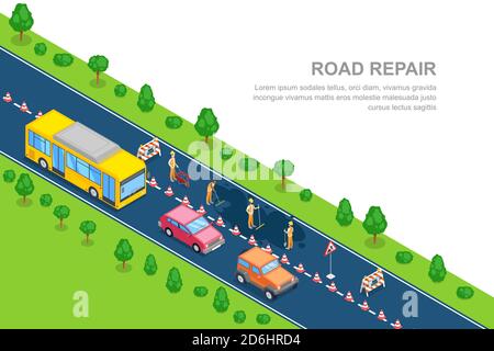 Road repair, roadworks and construction concept. Vector 3D isometric horizontal banner. City road closed for reconstruction. Workers in the uniform as Stock Vector