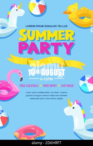 Summer pool party, vector poster, banner layout. Unicorn, flamingo, duck, ball, donut cute floats in water. Fun holiday background Stock Vector