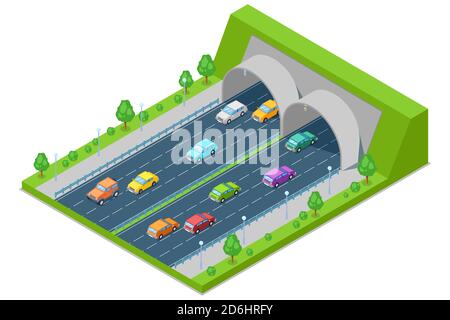 Highway road passes through the tunnel in mountain, vector isometric 3D illustration. Transport and modern road construction concept. Stock Vector