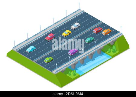 Highway road bridge passes above the river, vector isometric 3D illustration. Transport and modern road construction concept. Stock Vector