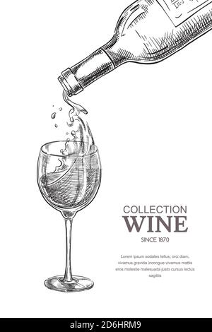 Wine pouring from bottle into glass, sketch vector illustration. Hand drawn label design elements. Stock Vector