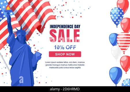 USA Independence Day sale vector banner template. Holiday white background with flag, Statue of Liberty and air balloons. 4 of July celebration concep Stock Vector