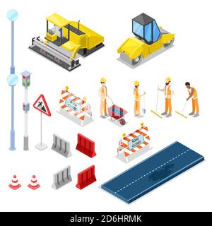 Road repair and construction, vector 3D isometric isolated icons. Stock Vector