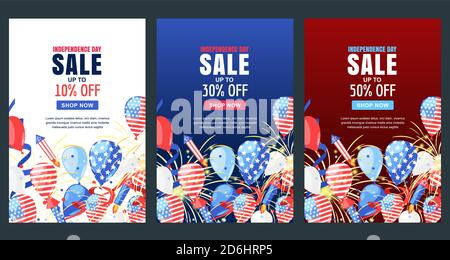 USA Independence Day. Set of vector poster or sale banner template. Holiday white, red and dark blue background with flag, air balloons and fireworks. Stock Vector